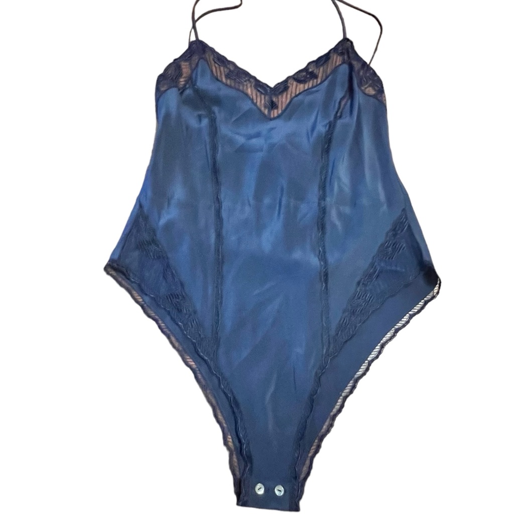Y2k Ritratti Italy Luxury Silk Navy Teddy With Lace Trim, Italian Lingerie, S